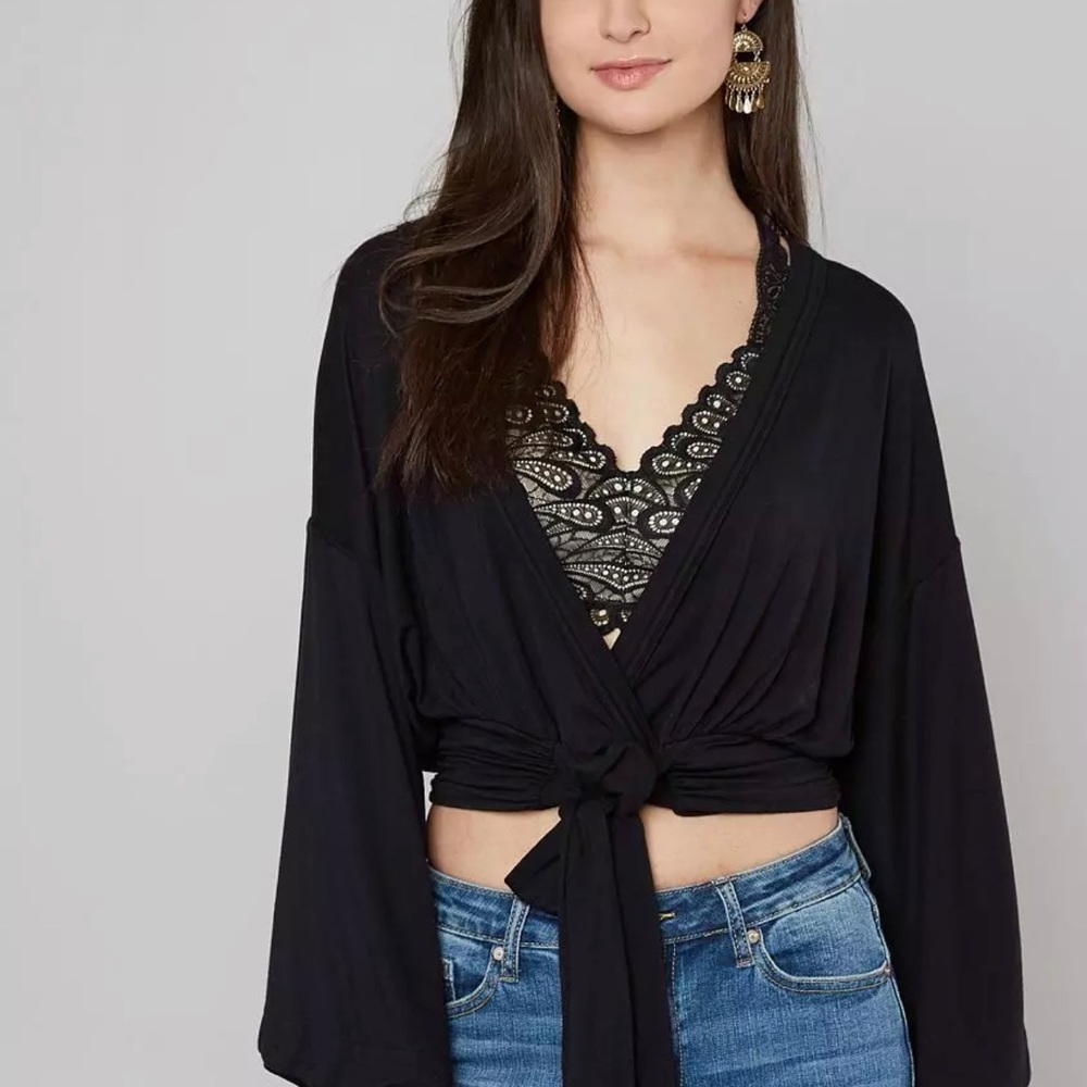 Free People That's a Wrap Black Bell Sleeve Crop Top